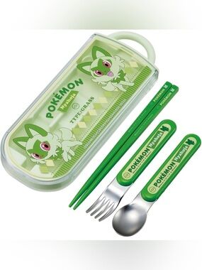 BNIB Japan Skater Pokemon Sprigatito Cutlery Set Chopsticks Spoon Fork with Case